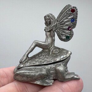 Spoontiques Pewter Fairy Trinket Box Frog Base Jeweled Wings Vintage